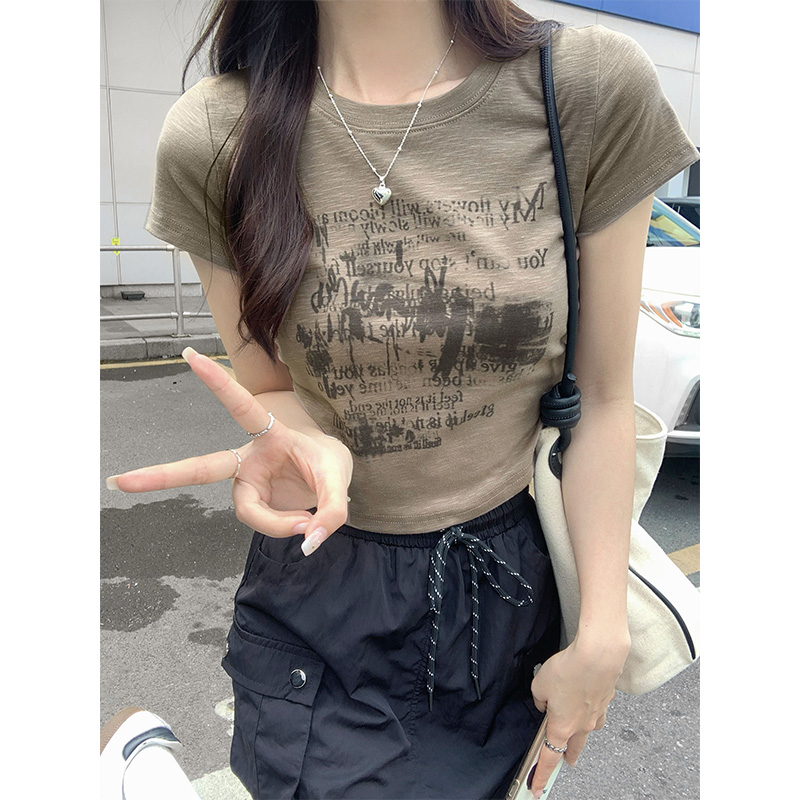 Real shot of bamboo cotton right shoulder round neck short sleeve t-shirt for women summer American hot girl slim short high waist top
