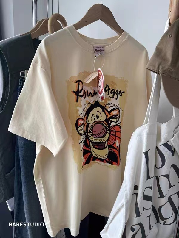 Pure cotton early spring Tigger cartoon age-reducing casual round neck all-match foreign style short-sleeved T-shirt