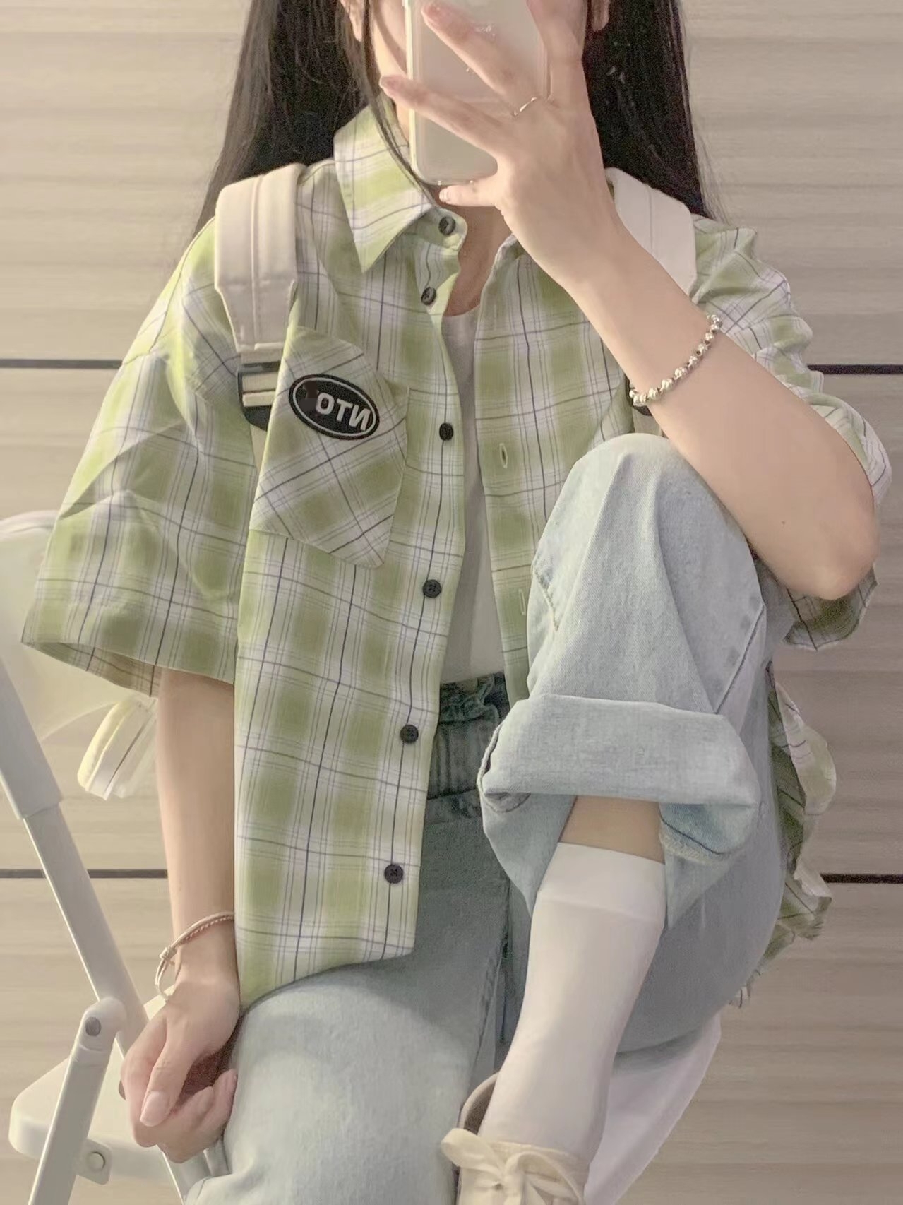 韩系潮牌淡绿色格子短袖T恤女2024夏季小清新小众设计感情侣衬衫