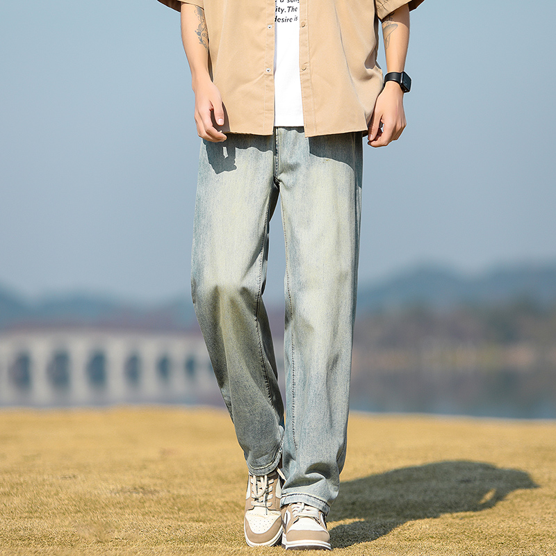 實拍2024夏季新款冰感牛仔褲男半松緊腰寬松萊賽爾天絲休閑褲子