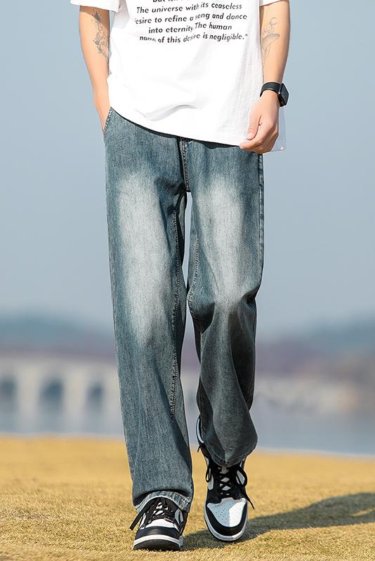 實拍2024夏季新款冰感牛仔褲男半松緊腰寬松萊賽爾天絲休閑褲子