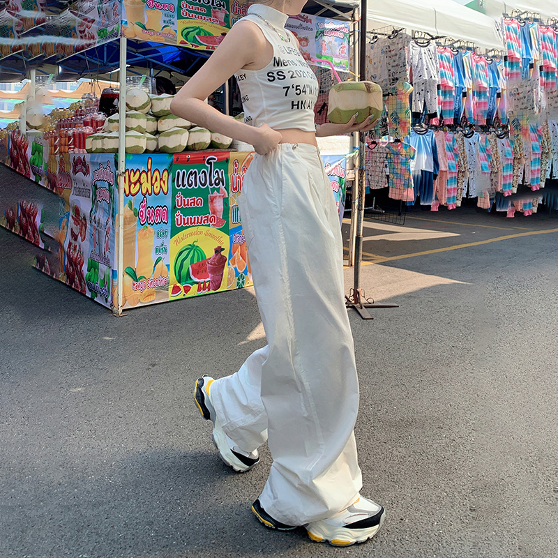 韩国设计感白色工装裤女夏多口袋中性抽绳宽松休闲裤街拍潮酷
