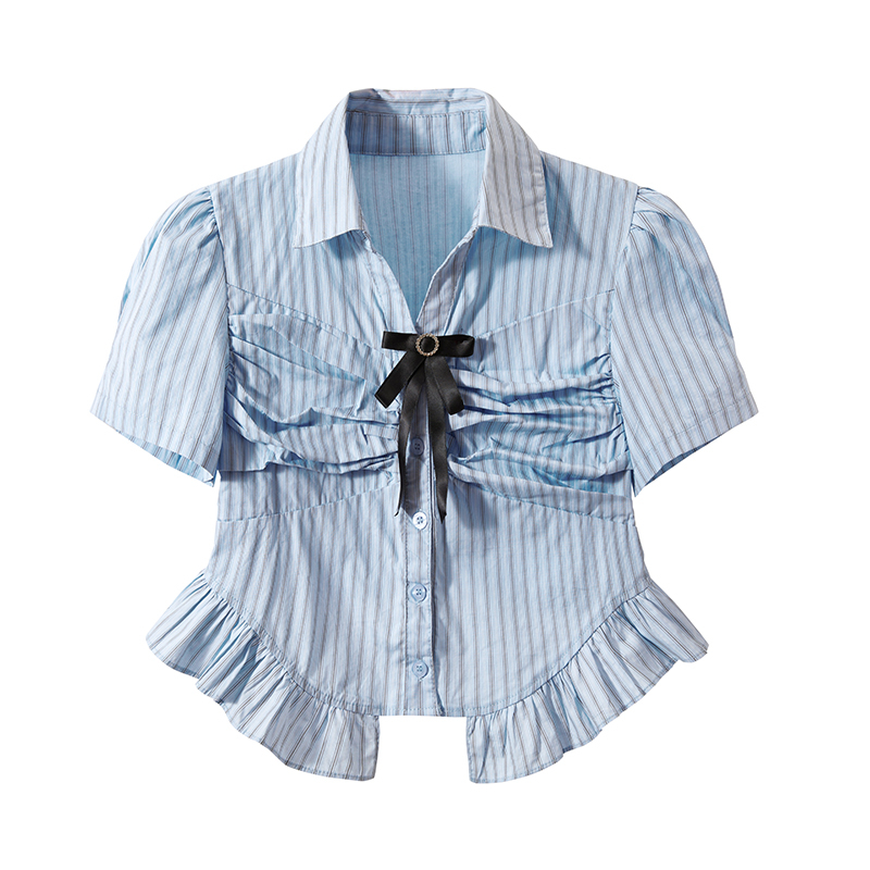 实拍~韩版小众时尚条纹收腰设计蝴蝶结褶皱衬衫套装