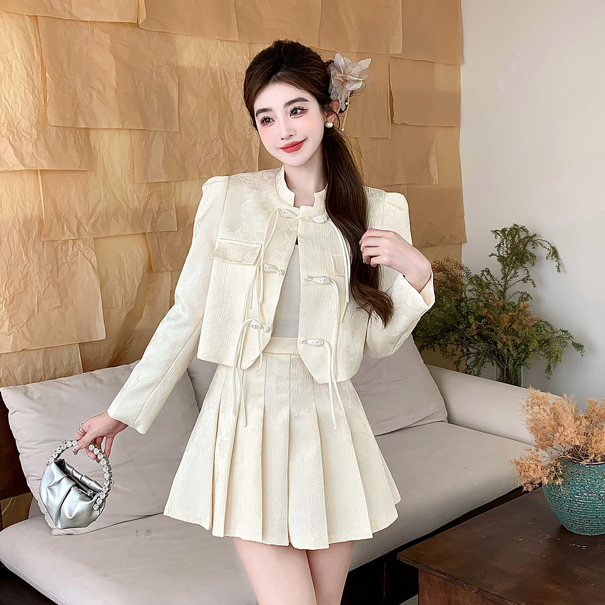 实拍新中式国风气质名媛套装裙子女新款提花盘扣两件套