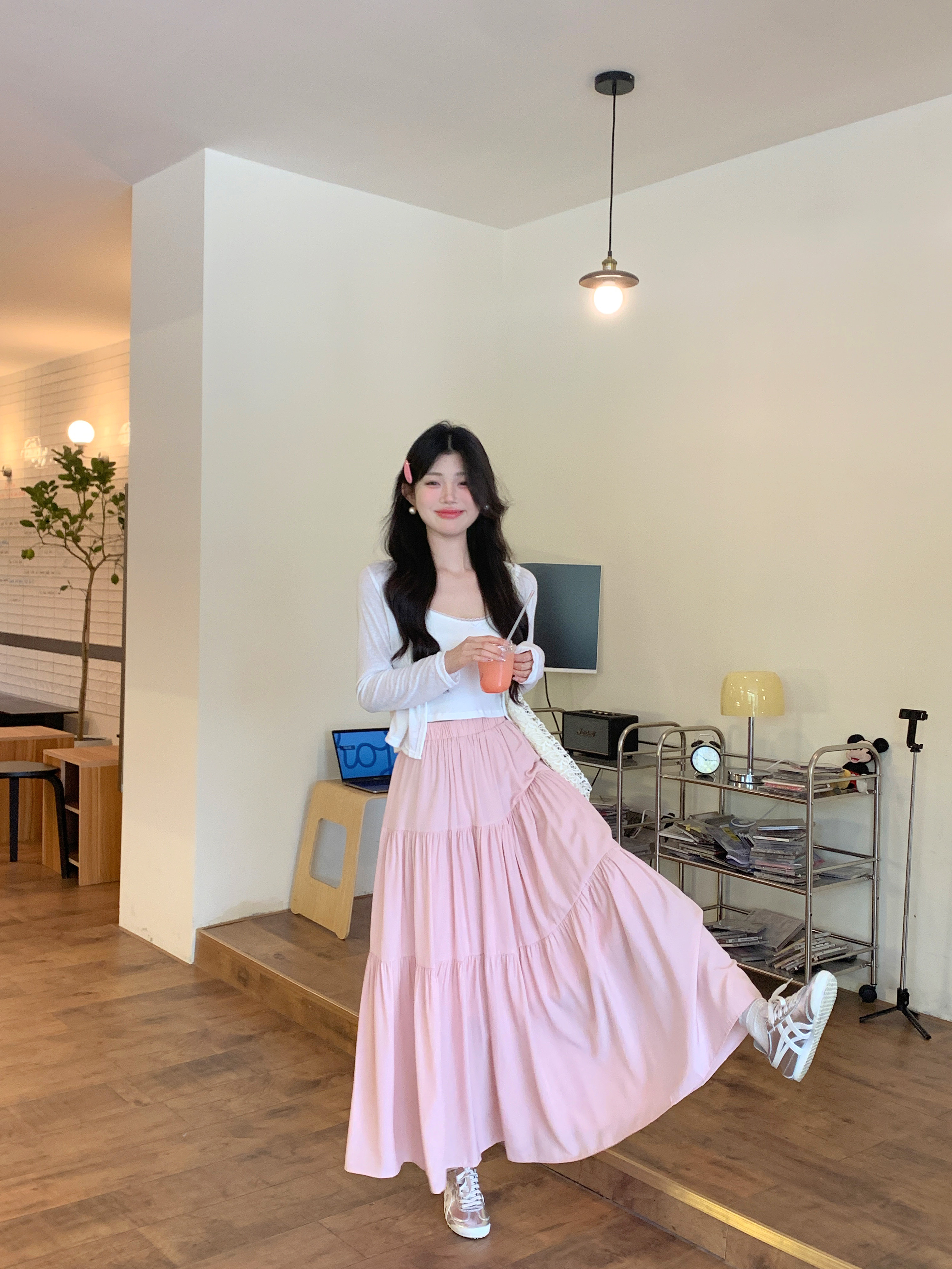 实拍 套装女春季韩系白色针织开衫吊带背心粉色半身裙三件套