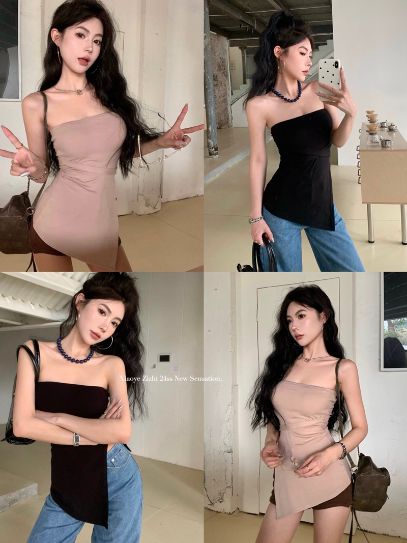 Real shot of spring pure desire sexy hot girl style cross-strap slimming slim slit chest-wrapped top with built-in breast pads