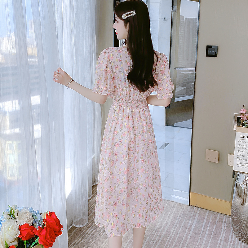 實拍法式V領雪紡碎花連衣裙女夏季2024新款收腰甜美初戀仙女長裙
