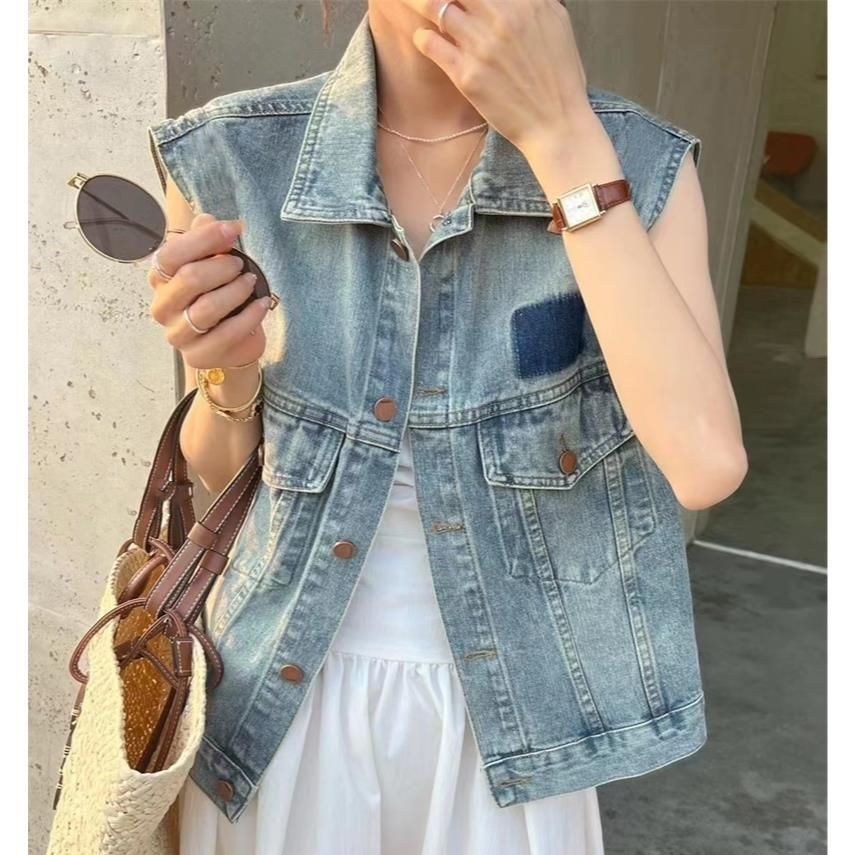 夏季韩版新款宽松百搭小众时尚设计阴影双口袋牛仔马甲外套