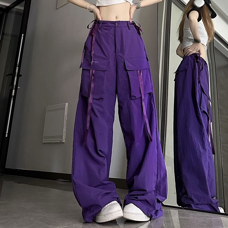 美式高街深紫色飘带工装裤女夏季嘻哈街头宽松直筒阔腿拖地长裤子