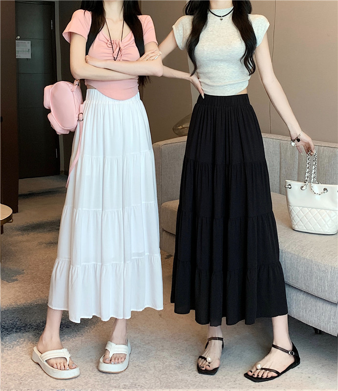 實拍~半身裙女韓版a字裙高腰顯瘦拼接蛋糕裙百搭中長款裙子
