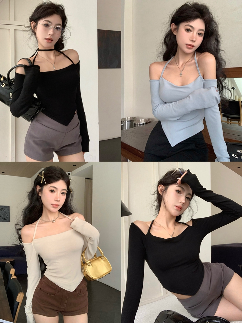 Real shot of spring pure lust sexy hottie style halterneck swing collar long-sleeved T-shirt for women showing breasts and slimming top
