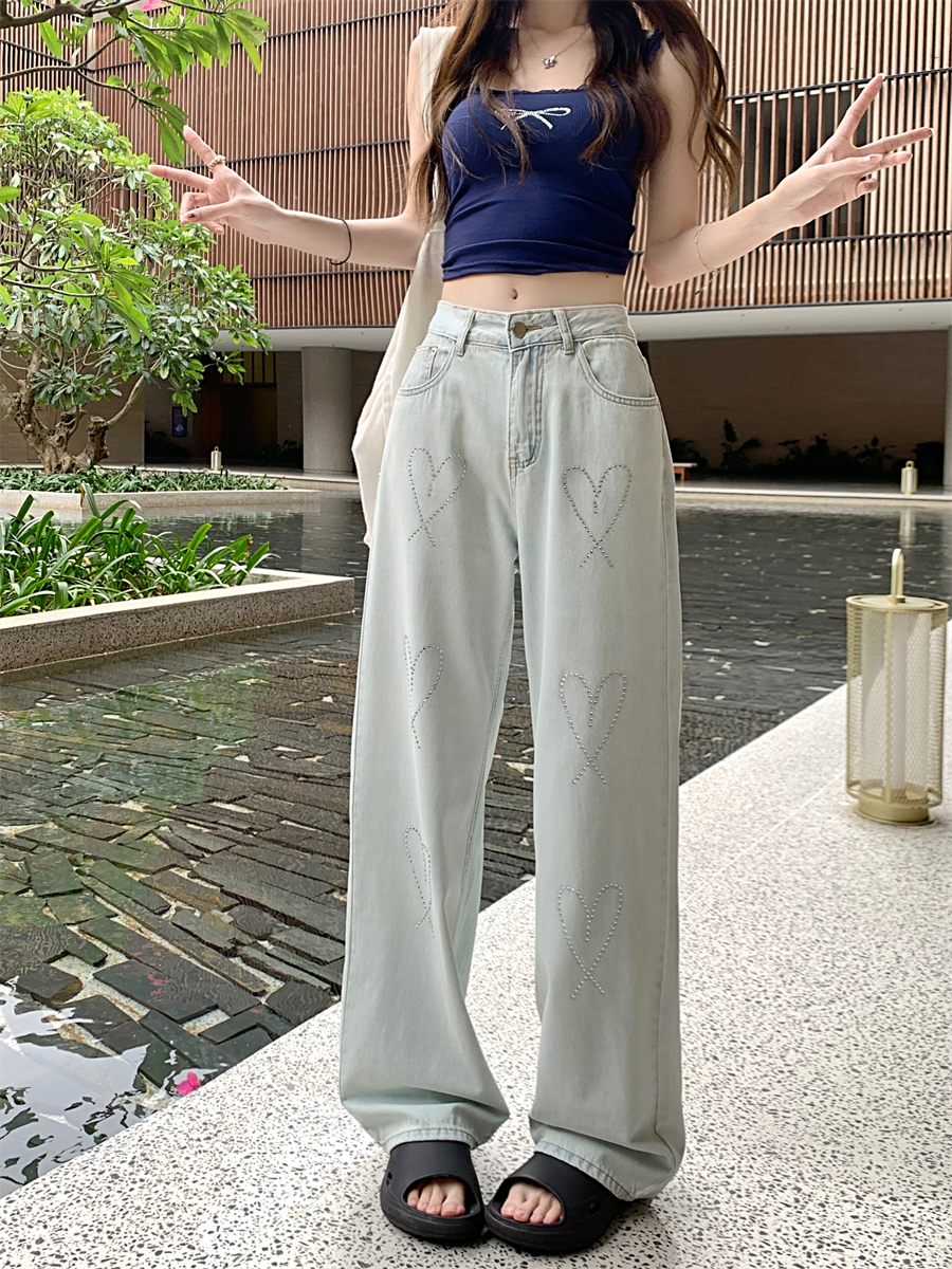 Actual shot ~ New style washed light blue heavy industry love hot diamond wide leg jeans