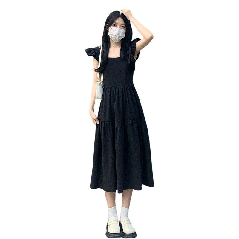 夏季2024年新款女黑色连衣裙子小飞袖赫本风长裙法式高级感垂坠感