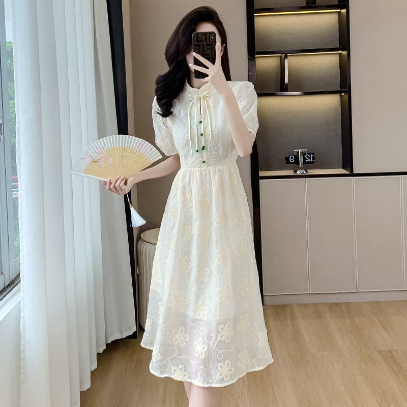 實拍新中式國風立領提花連衣裙女夏季小眾高級感收腰顯瘦中長裙