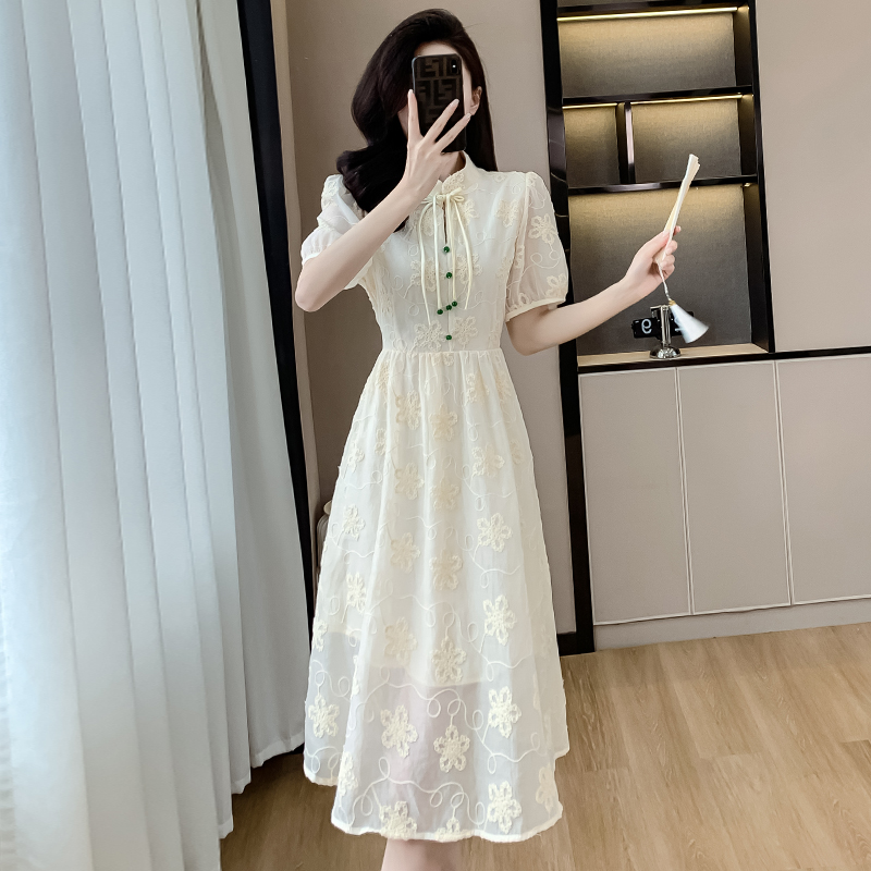 實拍新中式國風立領提花連衣裙女夏季小眾高級感收腰顯瘦中長裙