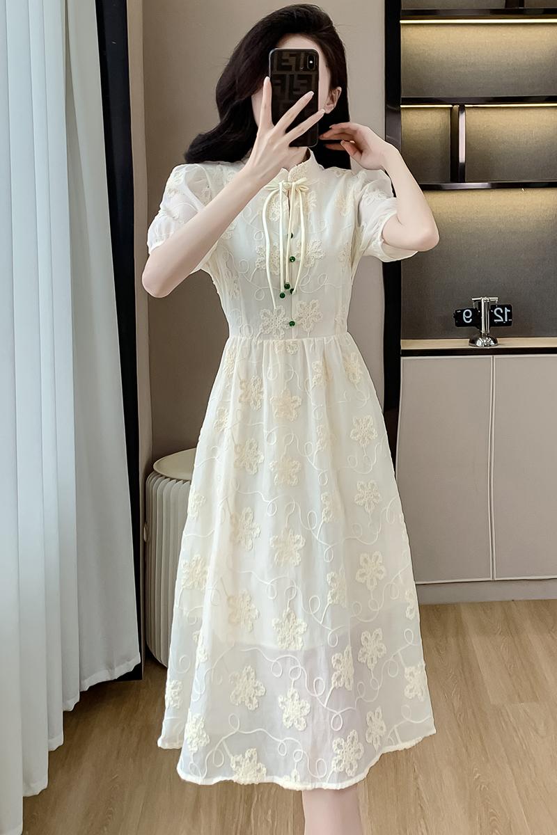 實拍新中式國風立領提花連衣裙女夏季小眾高級感收腰顯瘦中長裙