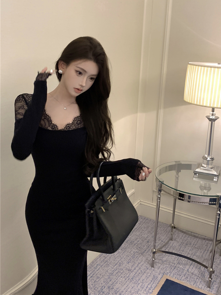 實拍新款復古性感V領蕾絲拼接包臀魚尾裙收腰顯瘦連衣裙女