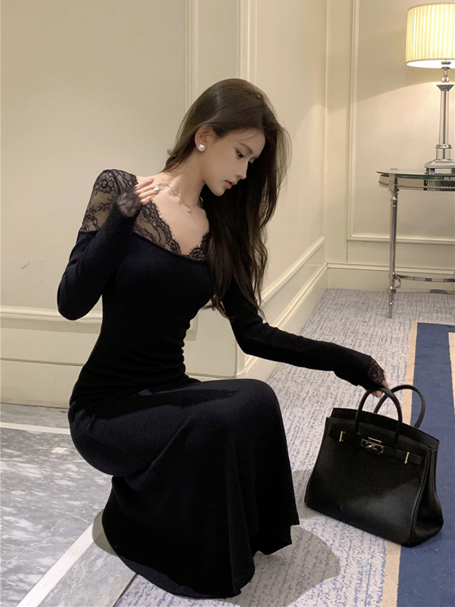 實拍新款復古性感V領蕾絲拼接包臀魚尾裙收腰顯瘦連衣裙女