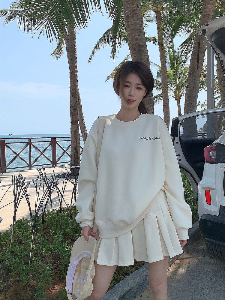 Actual shot of early spring Korean chic simple back bow print fashion suit sweatshirt + skirt