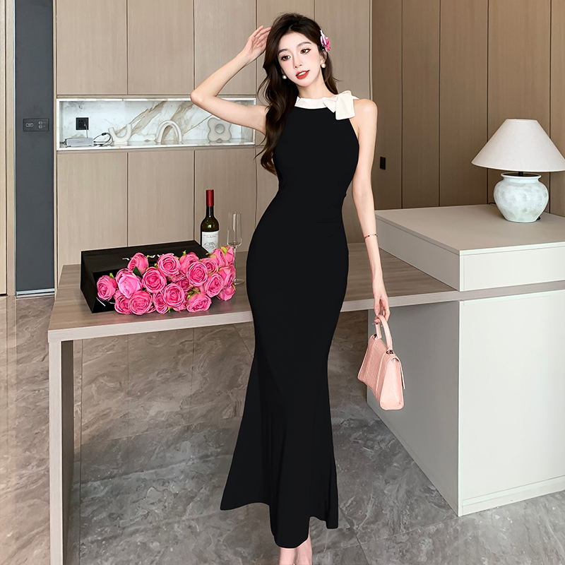 實拍緞面綁帶拼接吊帶連衣裙女修身顯瘦撞色設計感內搭包臀裙