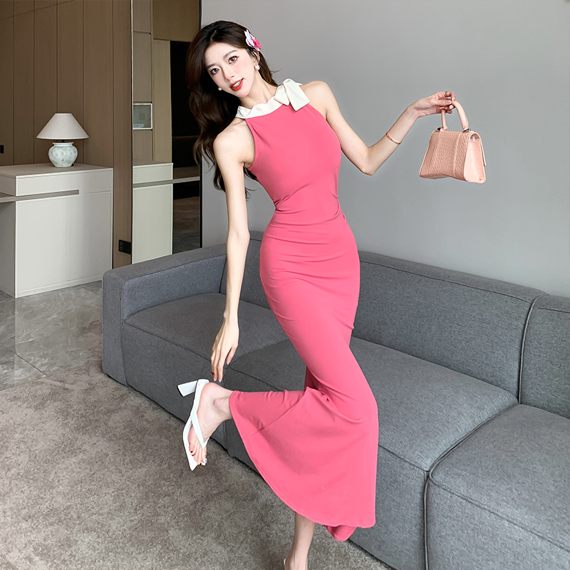 實拍緞面綁帶拼接吊帶連衣裙女修身顯瘦撞色設計感內搭包臀裙