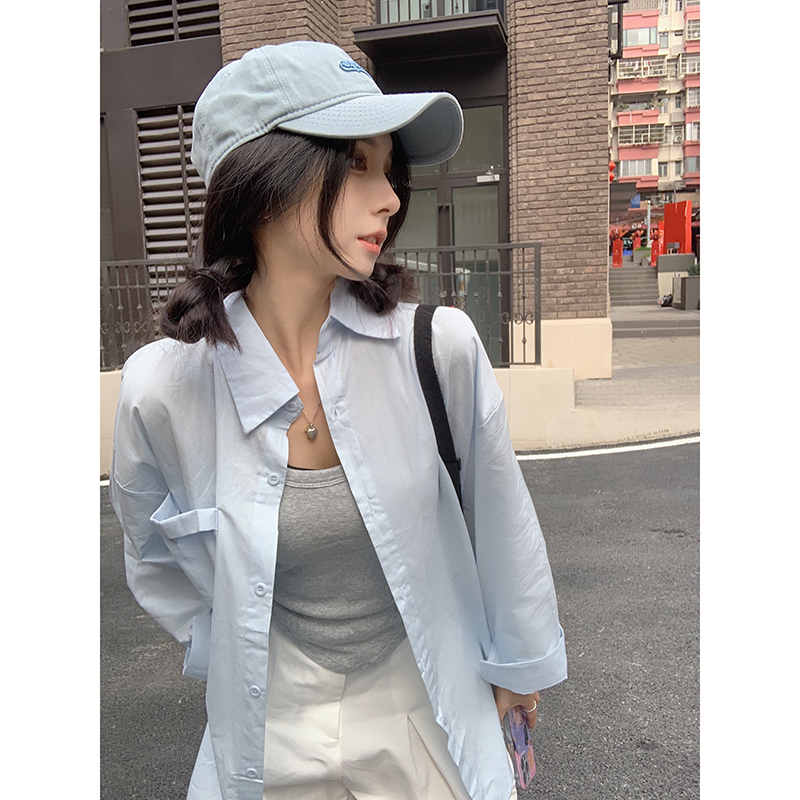 实拍  韩版chic简约基础款口袋衬衫polo领显瘦长袖衬衣
