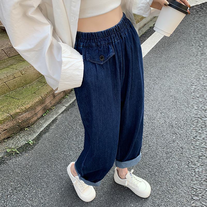 實拍春寬松松緊高腰牛仔褲女春季季深色款九分褲哈倫褲女學院風
