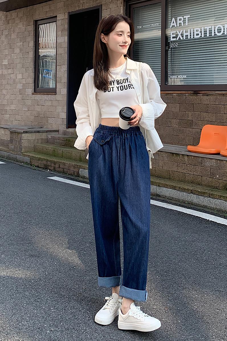 實拍春寬松松緊高腰牛仔褲女春季季深色款九分褲哈倫褲女學院風