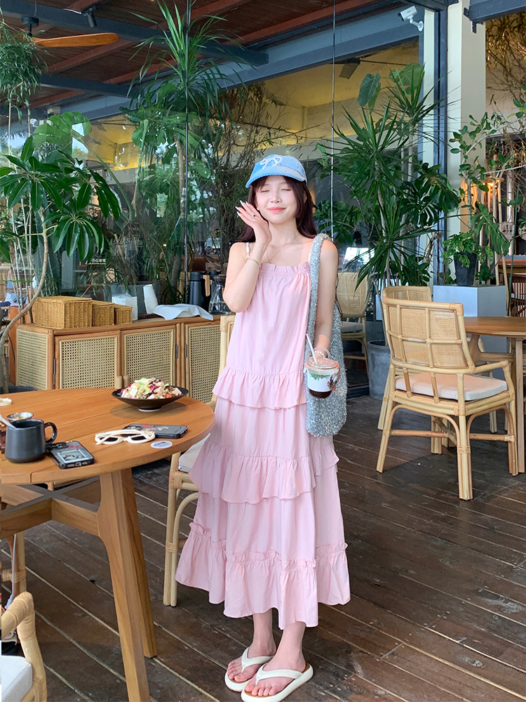 Actual shot of summer outing~Korean chic pink summer layered cake skirt suspender skirt