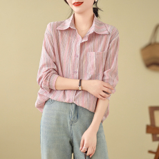 批发实拍新款大码女装韩国chic粉色条纹衬衫设计感慵懒风防晒衬衣
