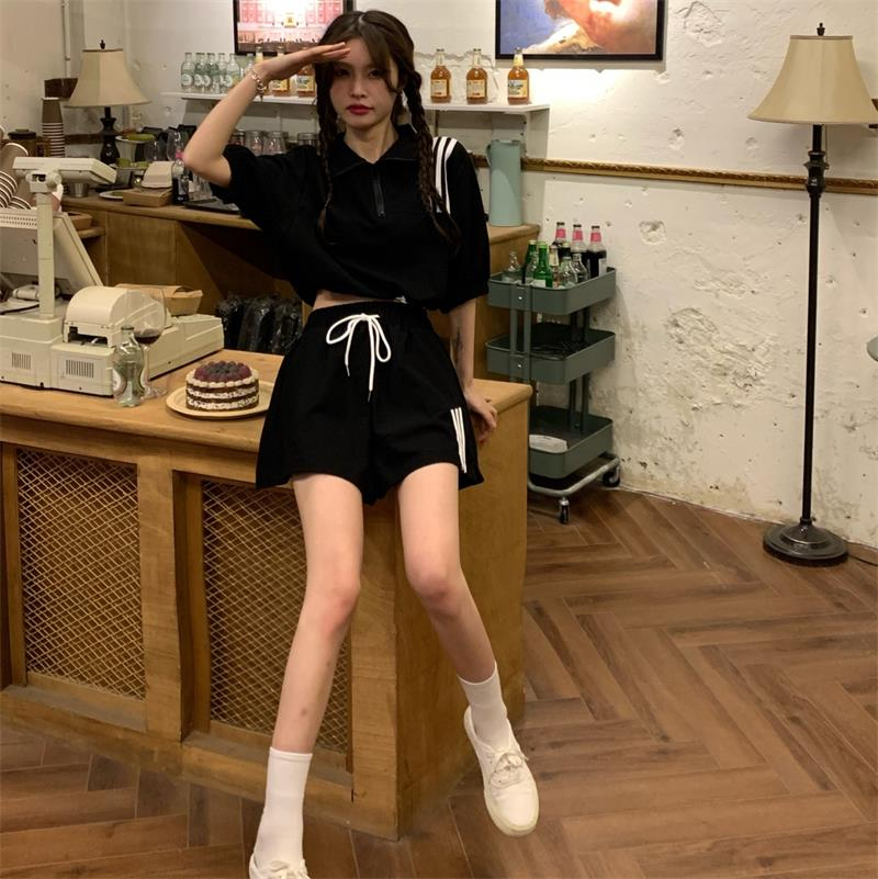 Internet celebrity sports style suit women's summer drawstring short top Korean style high waist loose slit shorts two-piece trendy set