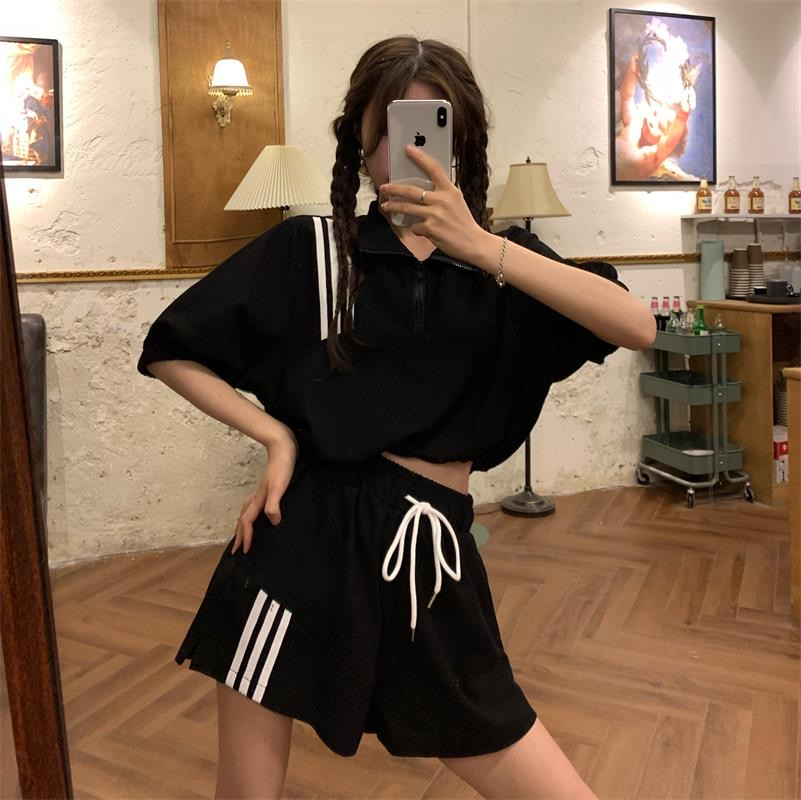 Internet celebrity sports style suit women's summer drawstring short top Korean style high waist loose slit shorts two-piece trendy set