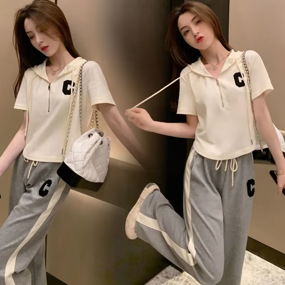 Casual sports suit for women 2024 summer Korean version new fashion large size trendy loose hooded short-sleeved two-piece set