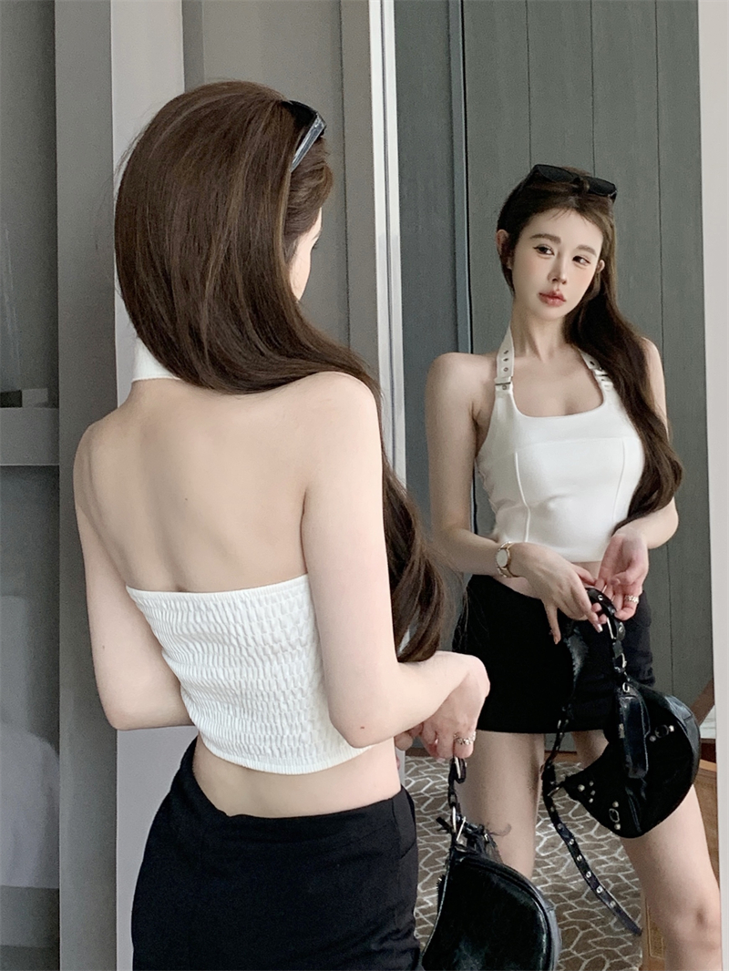 Real shot ~ halter neck buckle small suspender backless pleated short sexy tube top bottoming top