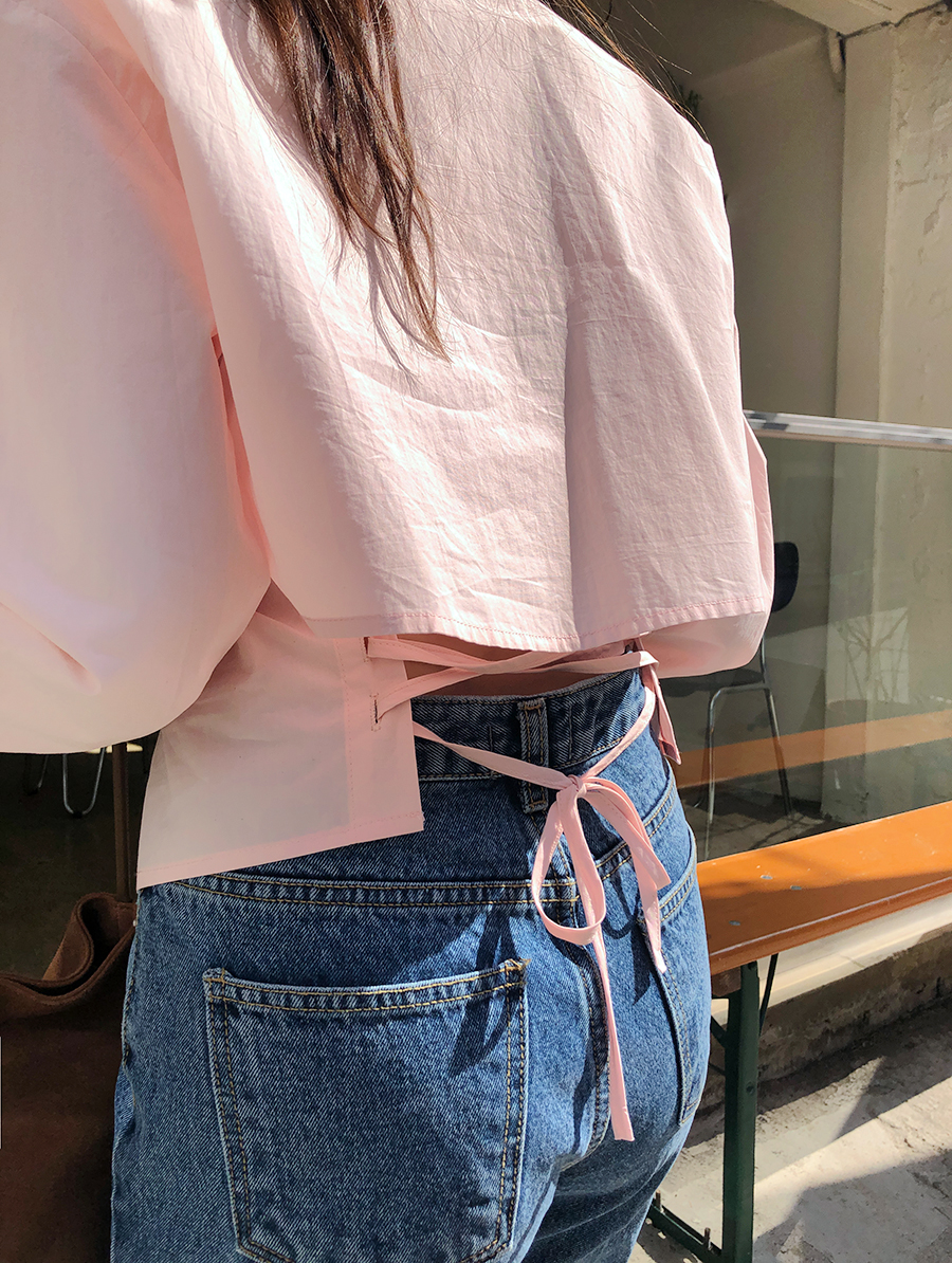 Korean ins spring pink girl back strap long-sleeved shirt for women