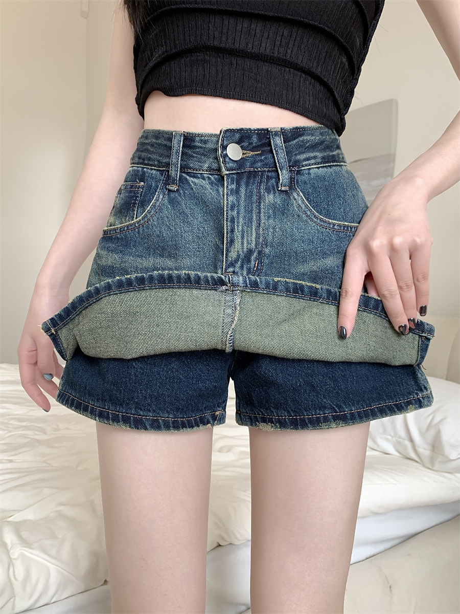 Real shot ~ American hot girl retro washed and distressed denim skirt for women summer anti-exposure high-waisted short skirt