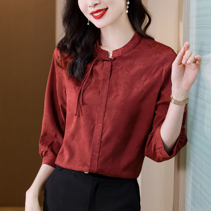 真絲襯衫女夏季新款七分袖時尚小衫中年媽媽襯衣高貴紫色上衣純色