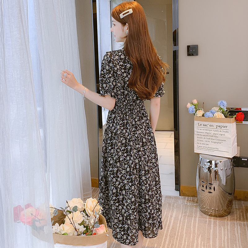 實拍碎花雪紡連衣裙子女裝早春秋季2024年新款法式茶歇小個子氣質