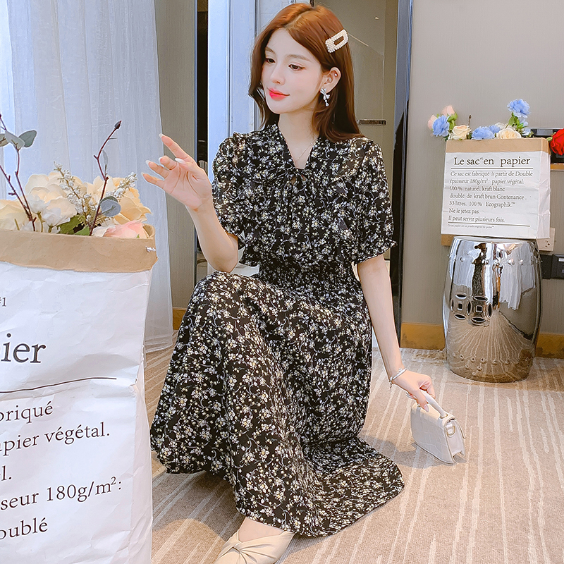 實拍碎花雪紡連衣裙子女裝早春秋季2024年新款法式茶歇小個子氣質