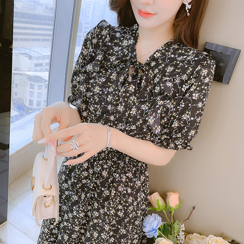 實拍碎花雪紡連衣裙子女裝早春秋季2024年新款法式茶歇小個子氣質