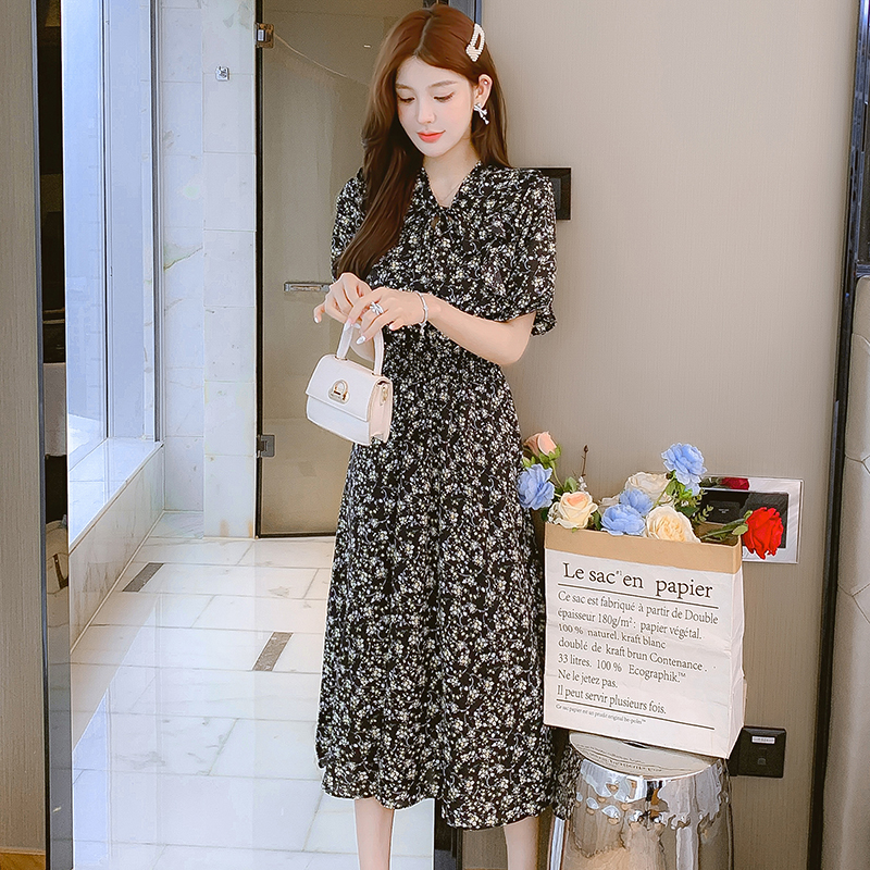 實拍碎花雪紡連衣裙子女裝早春秋季2024年新款法式茶歇小個子氣質