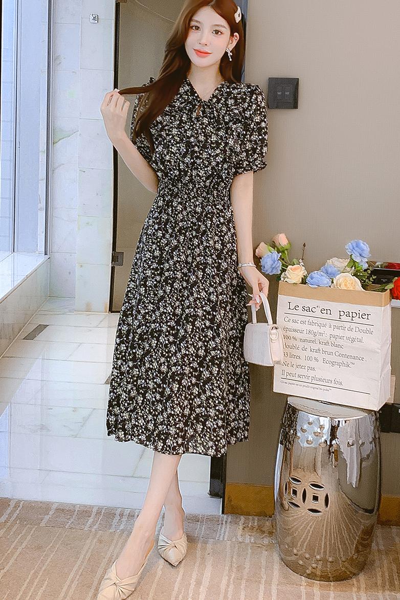 實拍碎花雪紡連衣裙子女裝早春秋季2024年新款法式茶歇小個子氣質