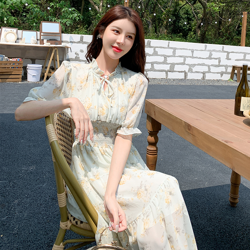 實拍法式連衣裙子夏季2024年新款女裝高端精致短袖雪紡小個子碎花
