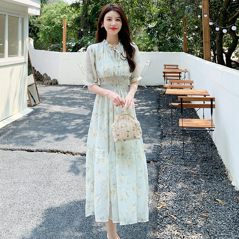 實拍法式連衣裙子夏季2024年新款女裝高端精致短袖雪紡小個子碎花
