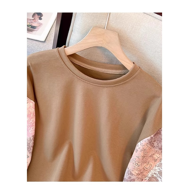Original workmanship large size spliced ​​sleeves satin jacquard sweatshirt for women 2024 spring new Chinese style top for fat girls