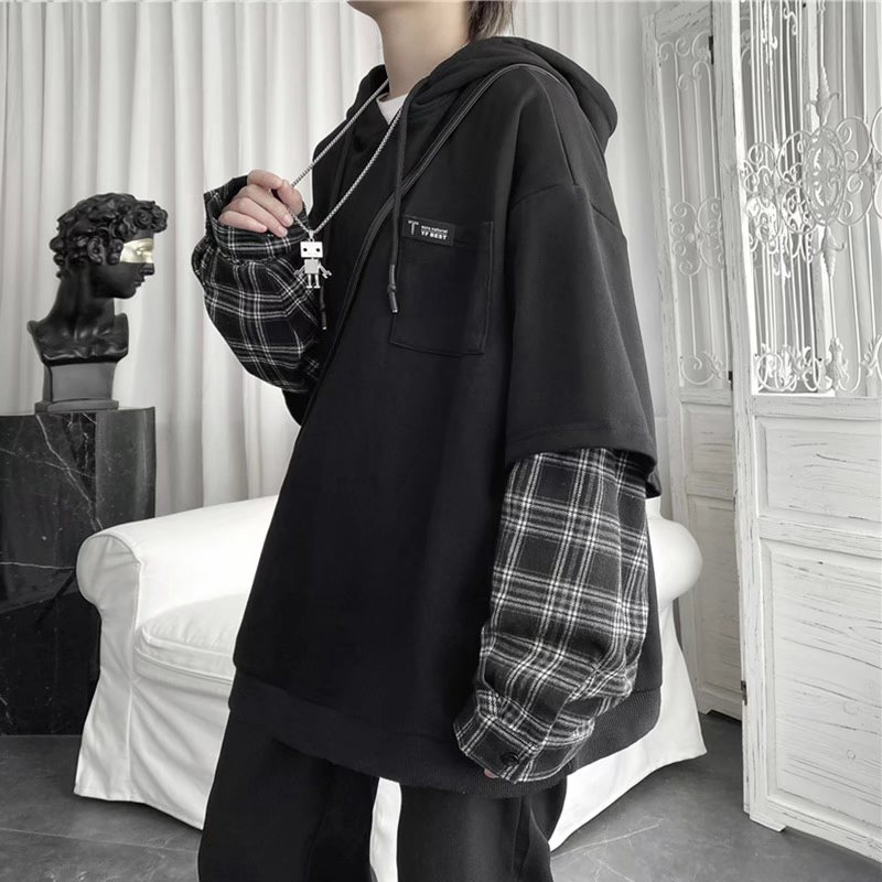 Original workmanship fake two-piece sweatshirt Korean style loose lazy style pullover top spring new casual hooded jacket