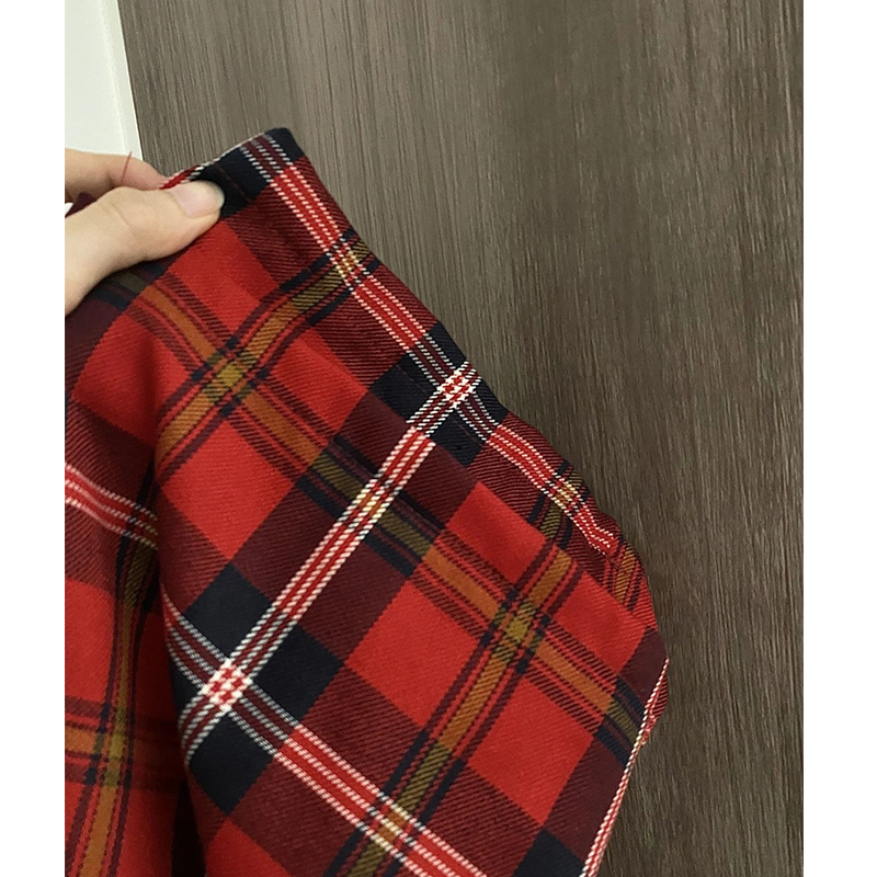 TR original fabric floor-length drawstring red plaid casual pants for women retro loose straight wide-leg pants