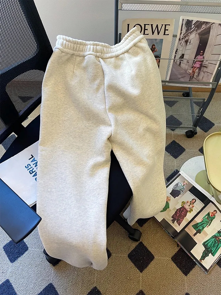 韩版高级设计小熊刺绣加绒加厚高腰时尚保暖束脚长裤