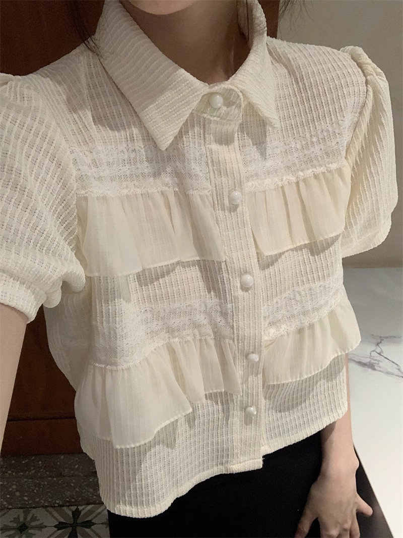 夏季新款甜美设计感泡泡短袖衬衣女法式独特别致小众衬衫上衣
