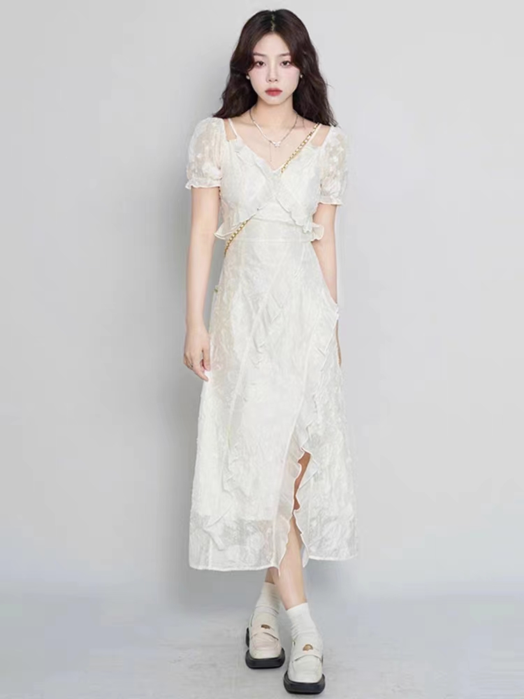“落跑公主”法式花边设计提花白色显瘦连衣裙女夏